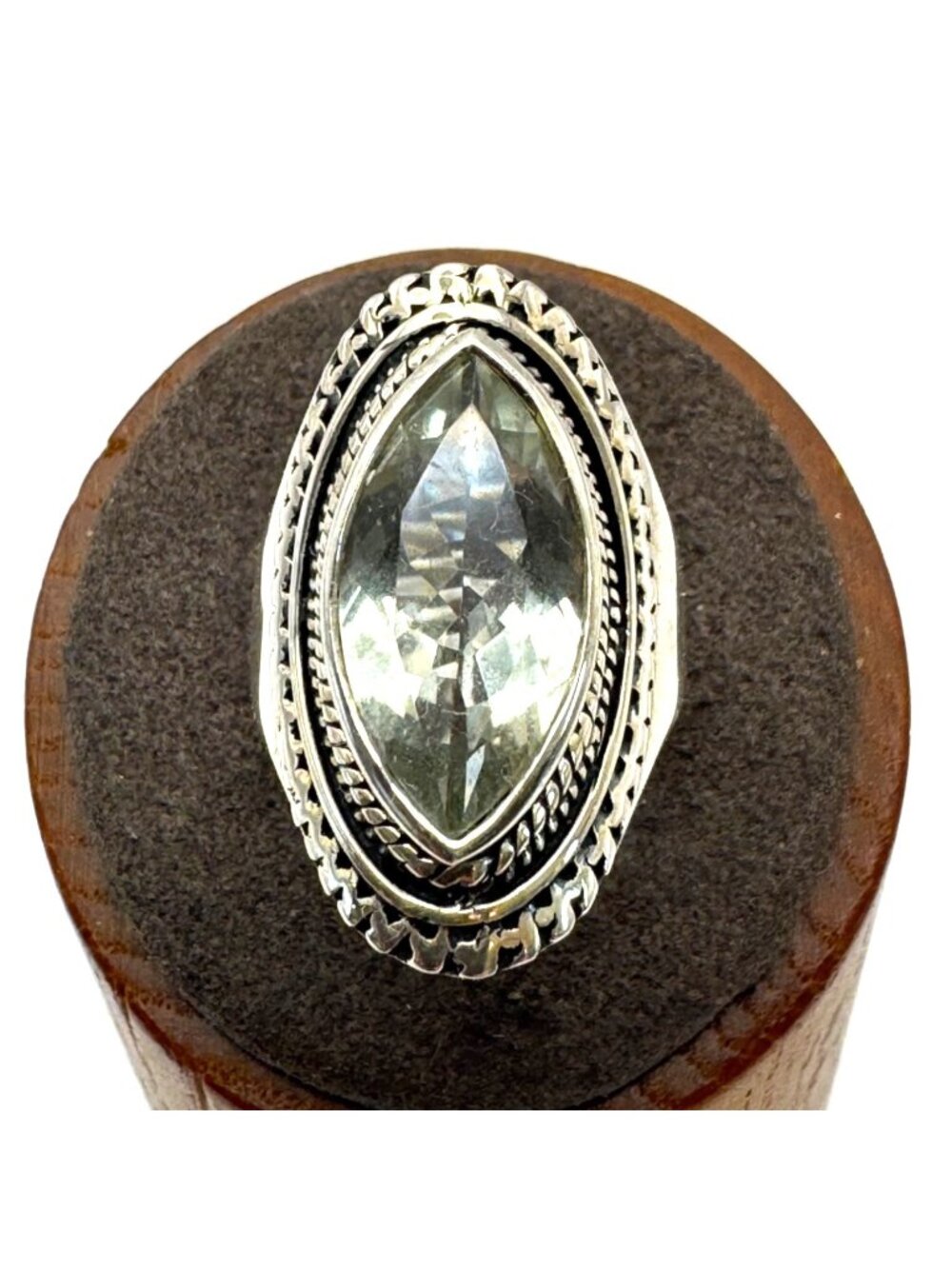 Sterling Silver Marquise Pale Green Quartz Bezel Set Statement Ring Size 7.75